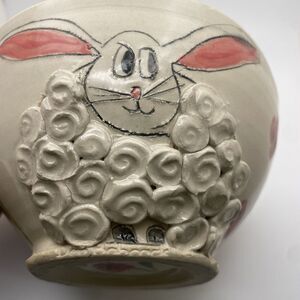 Easter Bunny Studio Art Pottery Bowl 3D Rabbit Hand Painted Flowers Holiday OOAK